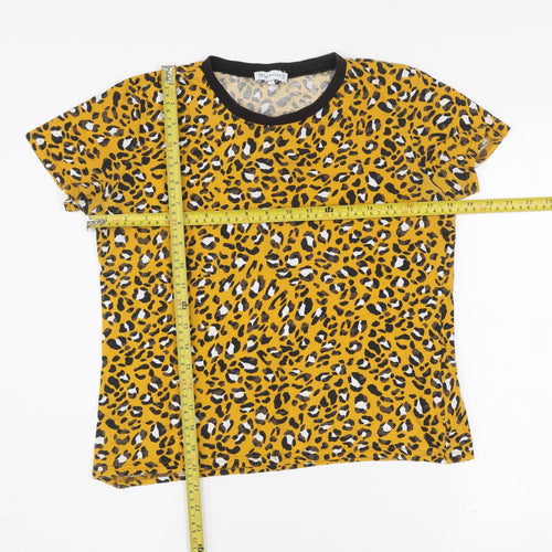 Warehouse Womens Leopard Print Yellow Cotton T-Shirt UK 10