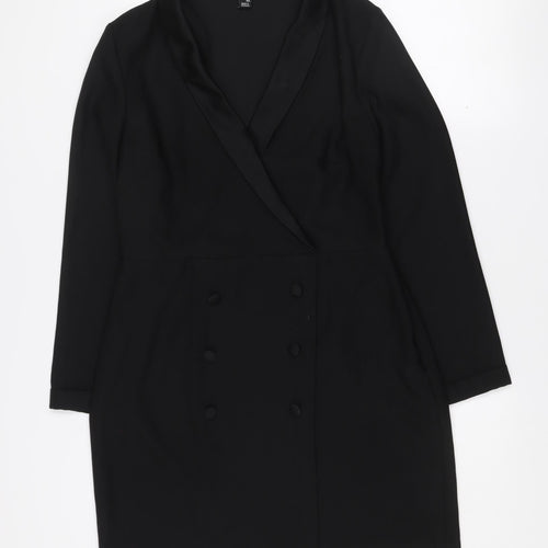 New Look Women Black Size 12 Jacket Dress Long Sleeve Collared Button Workwear