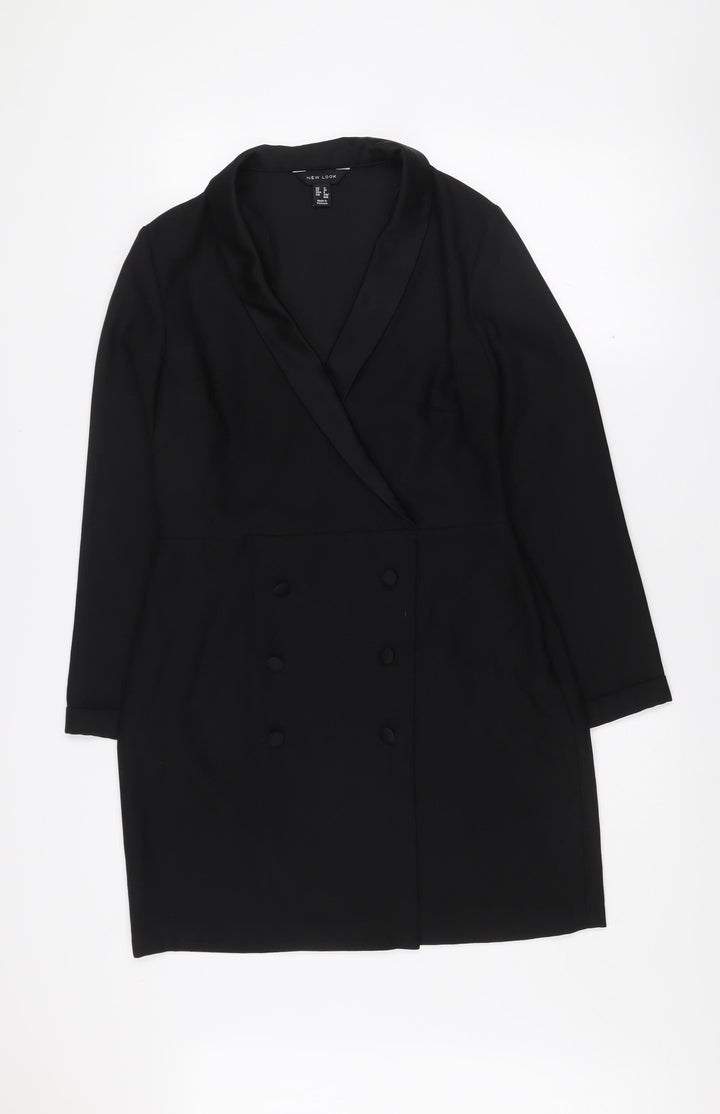 New Look Women Black Size 12 Jacket Dress Long Sleeve Collared Button Workwear