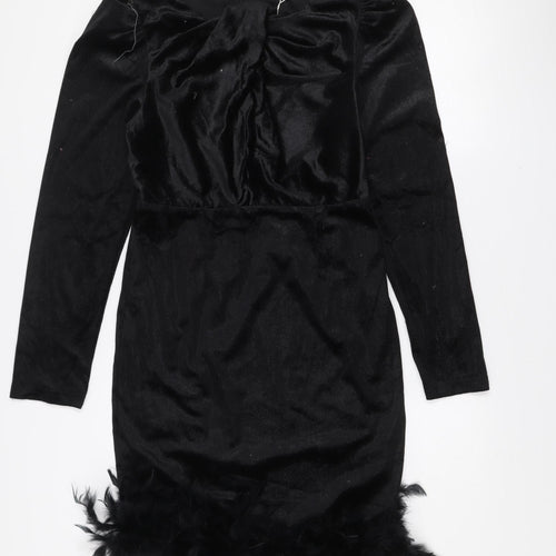 Allyson Women’s Black Velvet Feather Trim Bodycon Party Dress L
