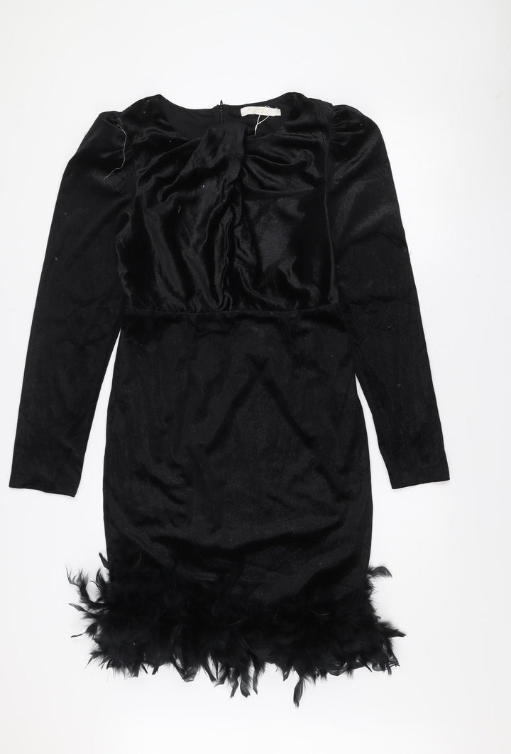 Allyson Women’s Black Velvet Feather Trim Bodycon Party Dress L