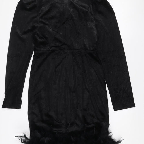 Allyson Women’s Black Velvet Feather Trim Bodycon Party Dress L