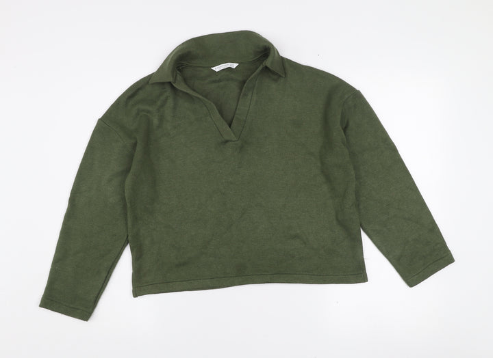 Stradivarius Womens Green XS Collared Henley Knit Jumper