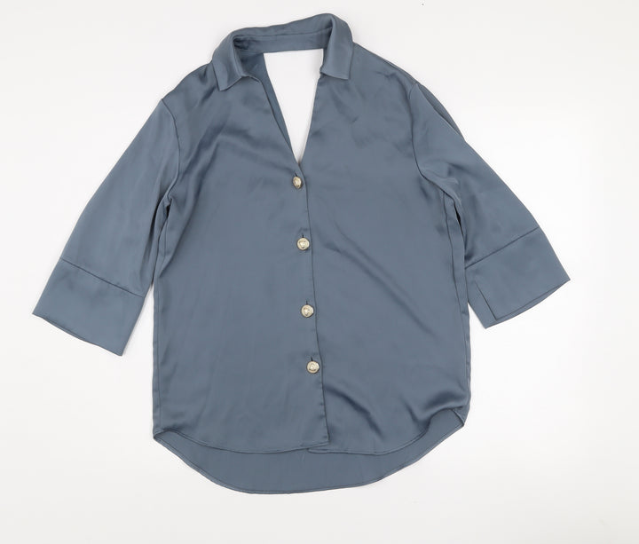 River Island Women Blue Viscose Button 3/4 Sleeve Blouse Size 8