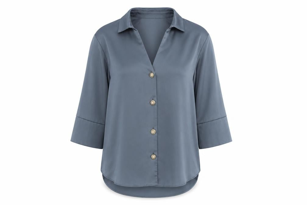 Front view of River Island Women Blue Viscose Button 3/4 Sleeve Blouse, size 8