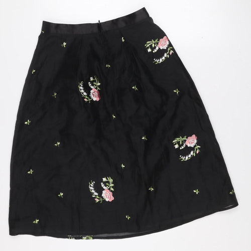 Oasis Women Black Floral Embroidered A-Line Knee Length Skirt Size 10