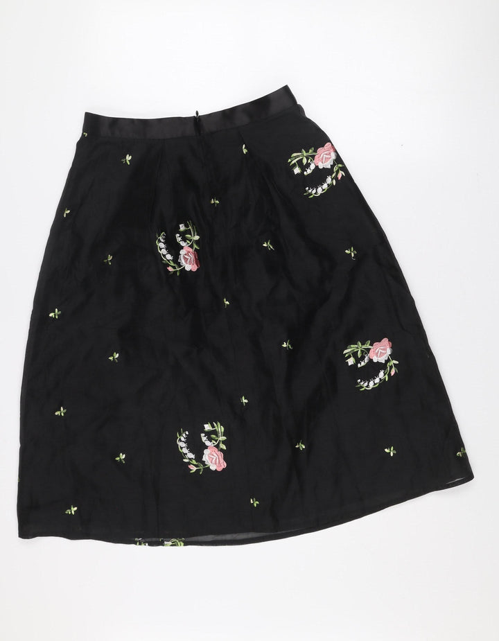 Oasis Women Black Floral Embroidered A-Line Knee Length Skirt Size 10