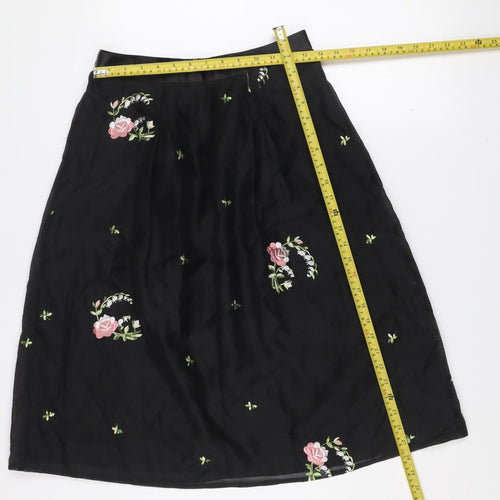 Oasis Women Black Floral Embroidered A-Line Knee Length Skirt Size 10