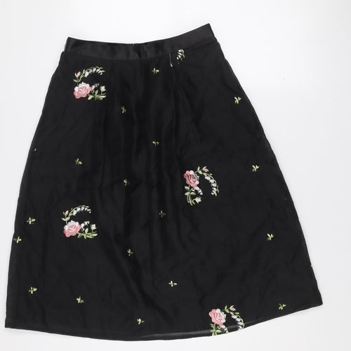 Oasis Women Black Floral Embroidered A-Line Knee Length Skirt Size 10