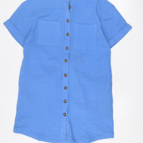 Frnch Paris Women’s Blue Cotton Shirt Dress L Belted Short Sleeve