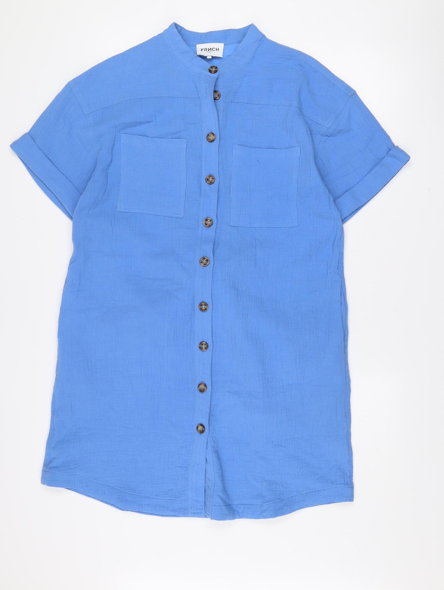 Frnch Paris Women’s Blue Cotton Shirt Dress L Belted Short Sleeve