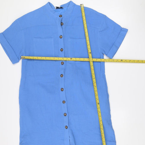 Frnch Paris Women’s Blue Cotton Shirt Dress L Belted Short Sleeve