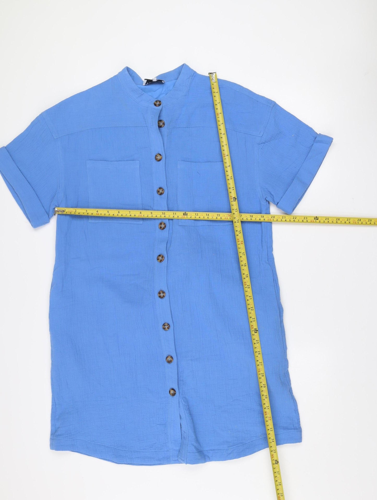 Frnch Paris Women’s Blue Cotton Shirt Dress L Belted Short Sleeve