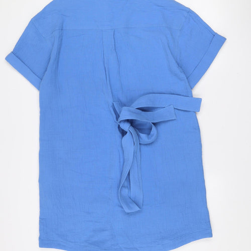 Frnch Paris Women’s Blue Cotton Shirt Dress L Belted Short Sleeve