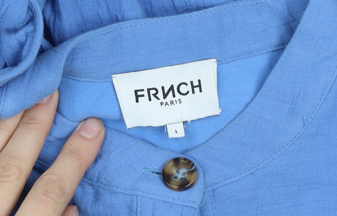 Frnch Paris Women’s Blue Cotton Shirt Dress L Belted Short Sleeve