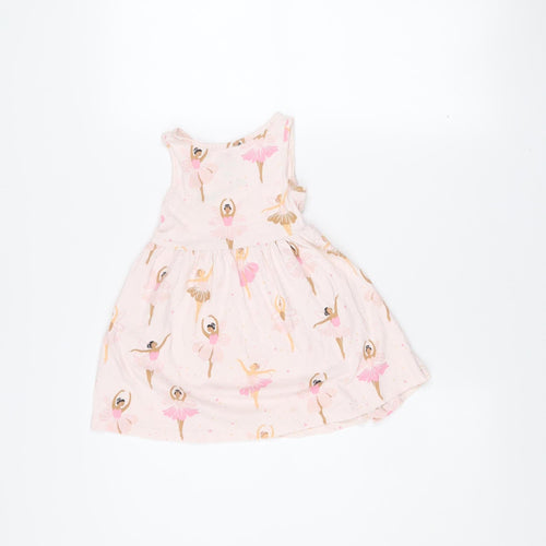 F&F Girls Pink Ballerina Print Cotton Sleeveless Skater Dress 18-24M