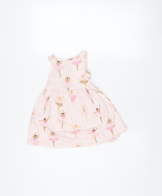 F&F Girls Pink Ballerina Print Cotton Sleeveless Skater Dress 18-24M