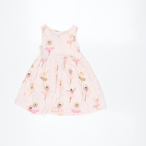 F&F Girls Pink Ballerina Print Cotton Sleeveless Skater Dress 18-24M