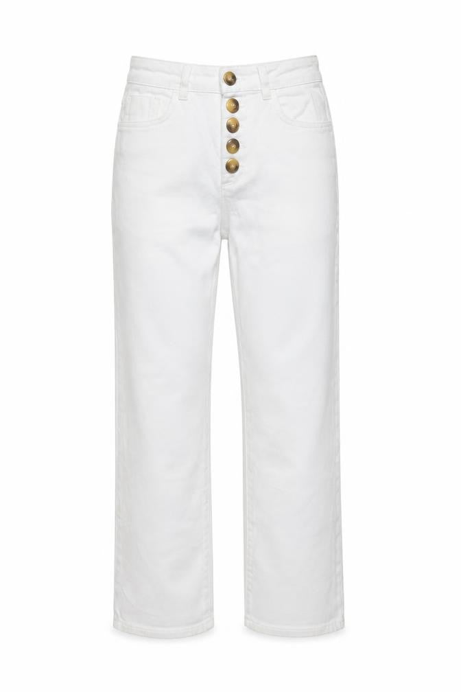 Front view of Savida women’s white straight leg jeans, size UK 10, mid rise stretch denim
