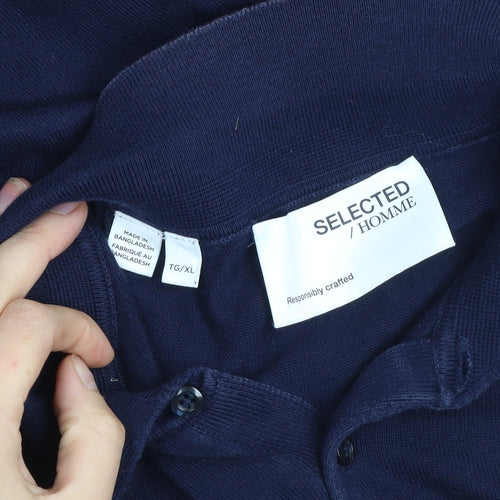 SELECTED HOMME Men's Blue Cotton Short Sleeve Polo Shirt XL
