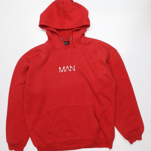 boohooMAN Men's Red Pullover Hoodie Size M Regular Fit Logo Fleece