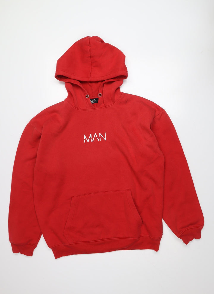 boohooMAN Men's Red Pullover Hoodie Size M Regular Fit Logo Fleece