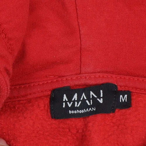 boohooMAN Men's Red Pullover Hoodie Size M Regular Fit Logo Fleece