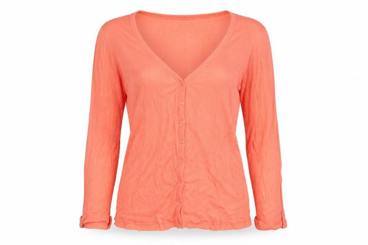 Front view of Atmosphere Women’s Orange Button Cardigan, size UK 10, V-Neck Lightweight Knit