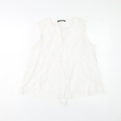 Dunnes Stores Women White Cotton Embroidered Sleeveless Tunic Blouse M