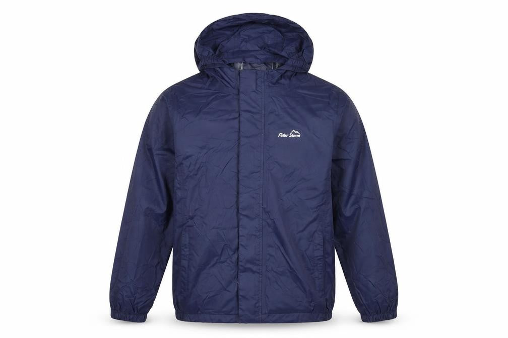 Front view of Peter Storm boys’ blue waterproof hooded rain jacket 11-12 years