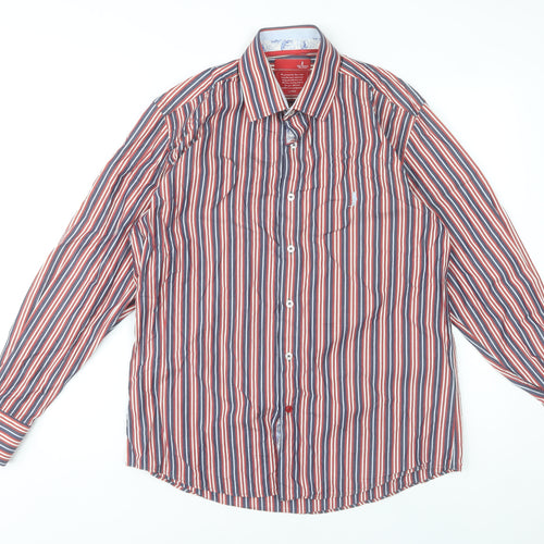 6th Sense Men's Red & Blue Striped Cotton Long Sleeve Dress Shirt - Large