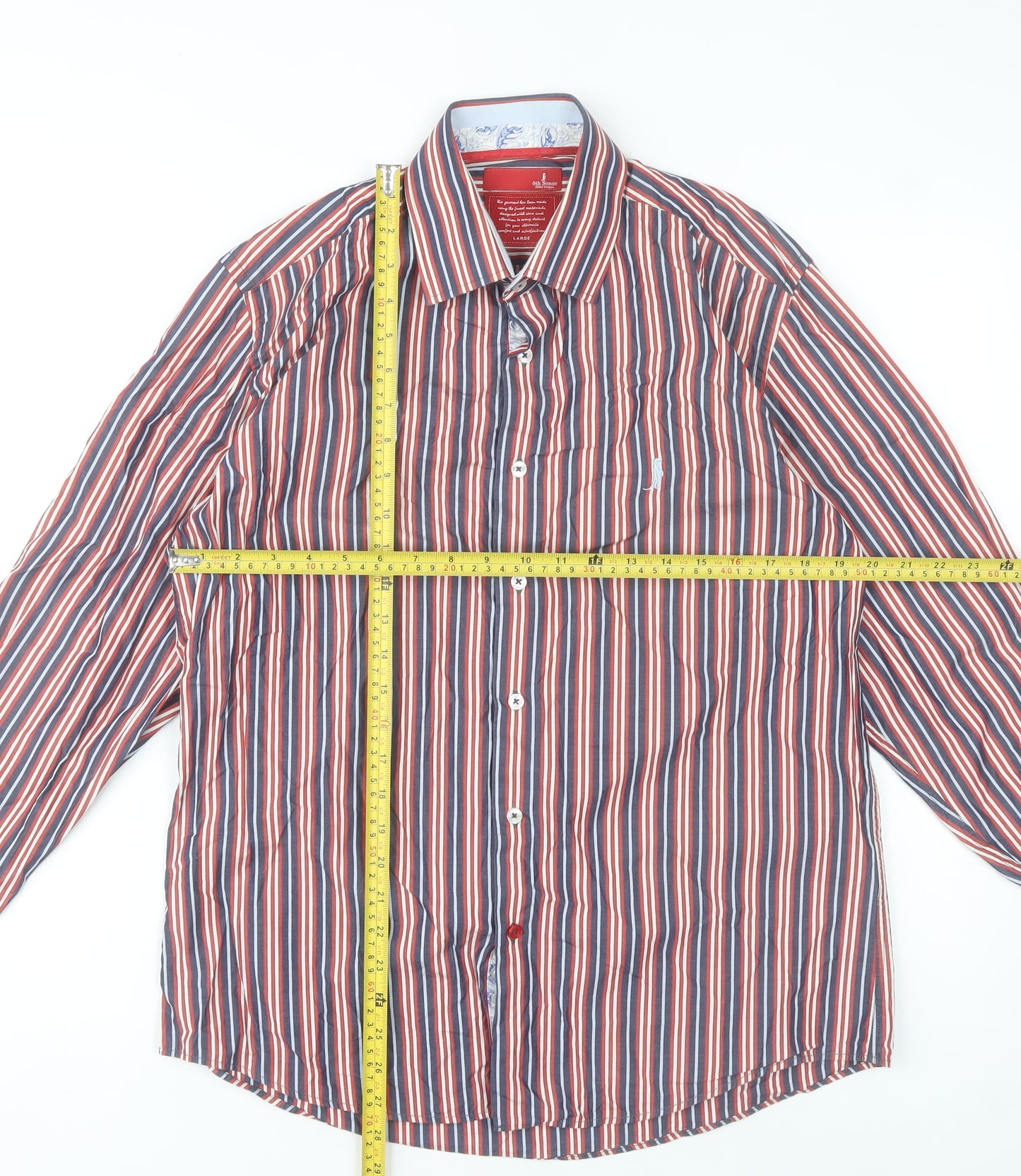 6th Sense Men's Red & Blue Striped Cotton Long Sleeve Dress Shirt - Large