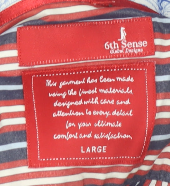 6th Sense Men's Red & Blue Striped Cotton Long Sleeve Dress Shirt - Large