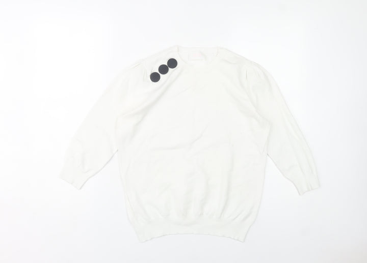 Savida Women White Crew Neck Button Pullover Jumper Size 14