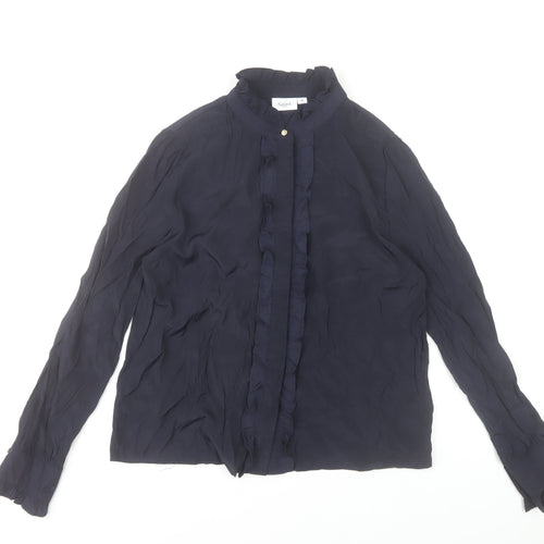 Saint Tropez Womens Blue Ruffle High Neck Long Sleeve Blouse M