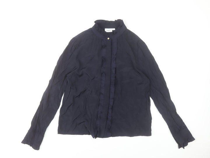 Saint Tropez Womens Blue Ruffle High Neck Long Sleeve Blouse M