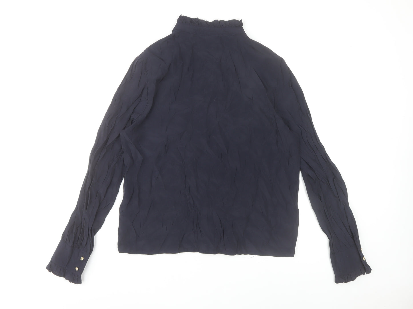 Saint Tropez Womens Blue Ruffle High Neck Long Sleeve Blouse M