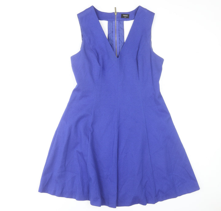Oasis Women Blue Fit & Flare Sleeveless V-Neck Dress Size 14