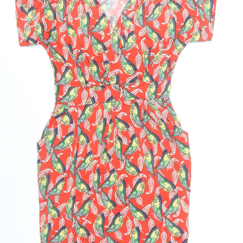 Zapara Women’s Red Floral Bodycon Dress Size 10 V-Neck Short Sleeve
