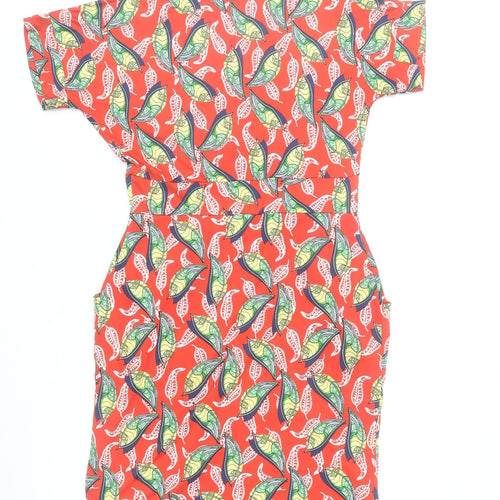 Zapara Women’s Red Floral Bodycon Dress Size 10 V-Neck Short Sleeve