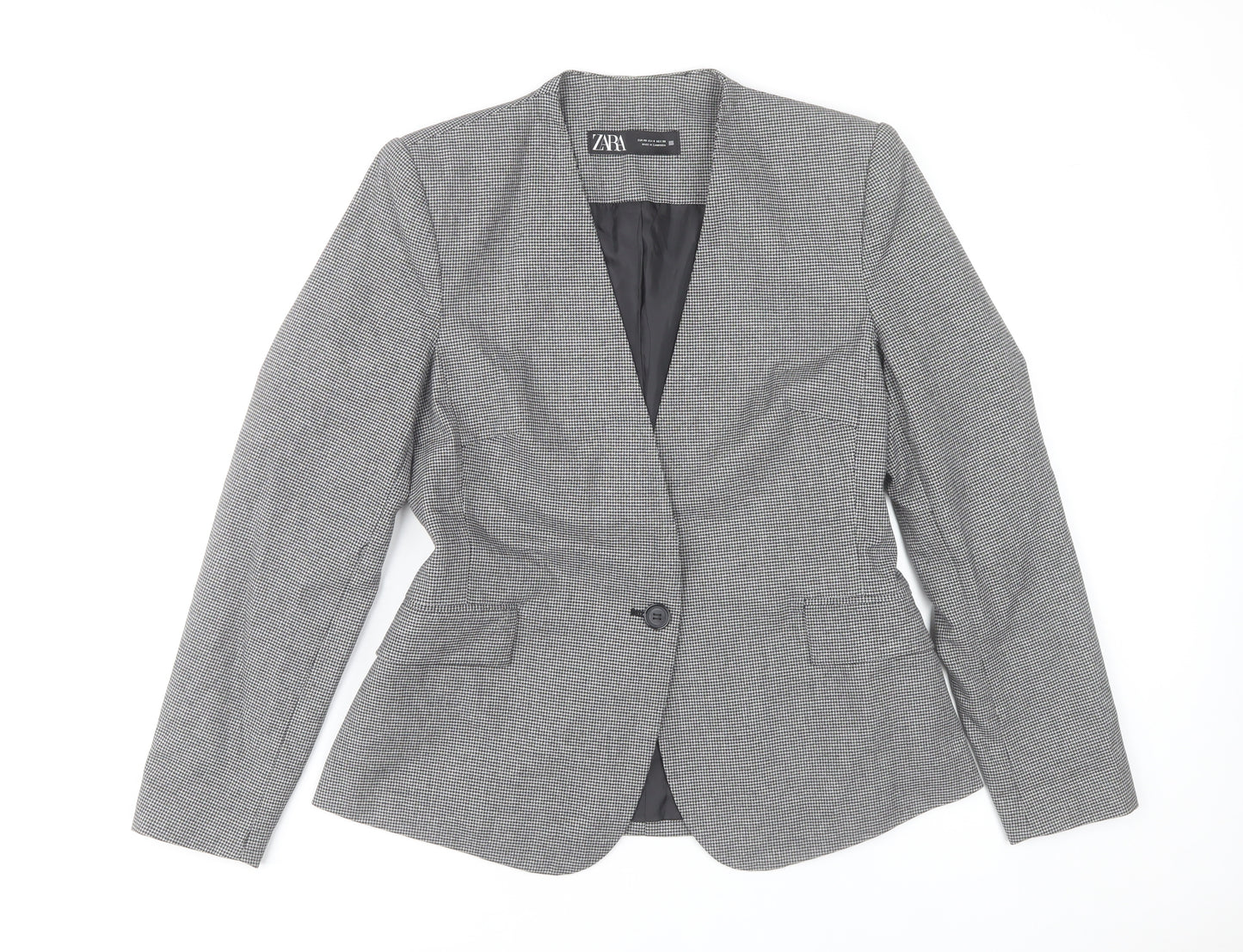 Zara Women Grey Houndstooth Single-Breasted Blazer Size 12