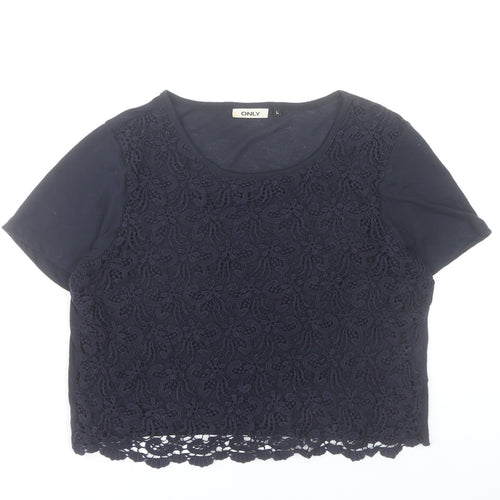 ONLY Women's Blue Lace Cropped Short Sleeve Top Size L