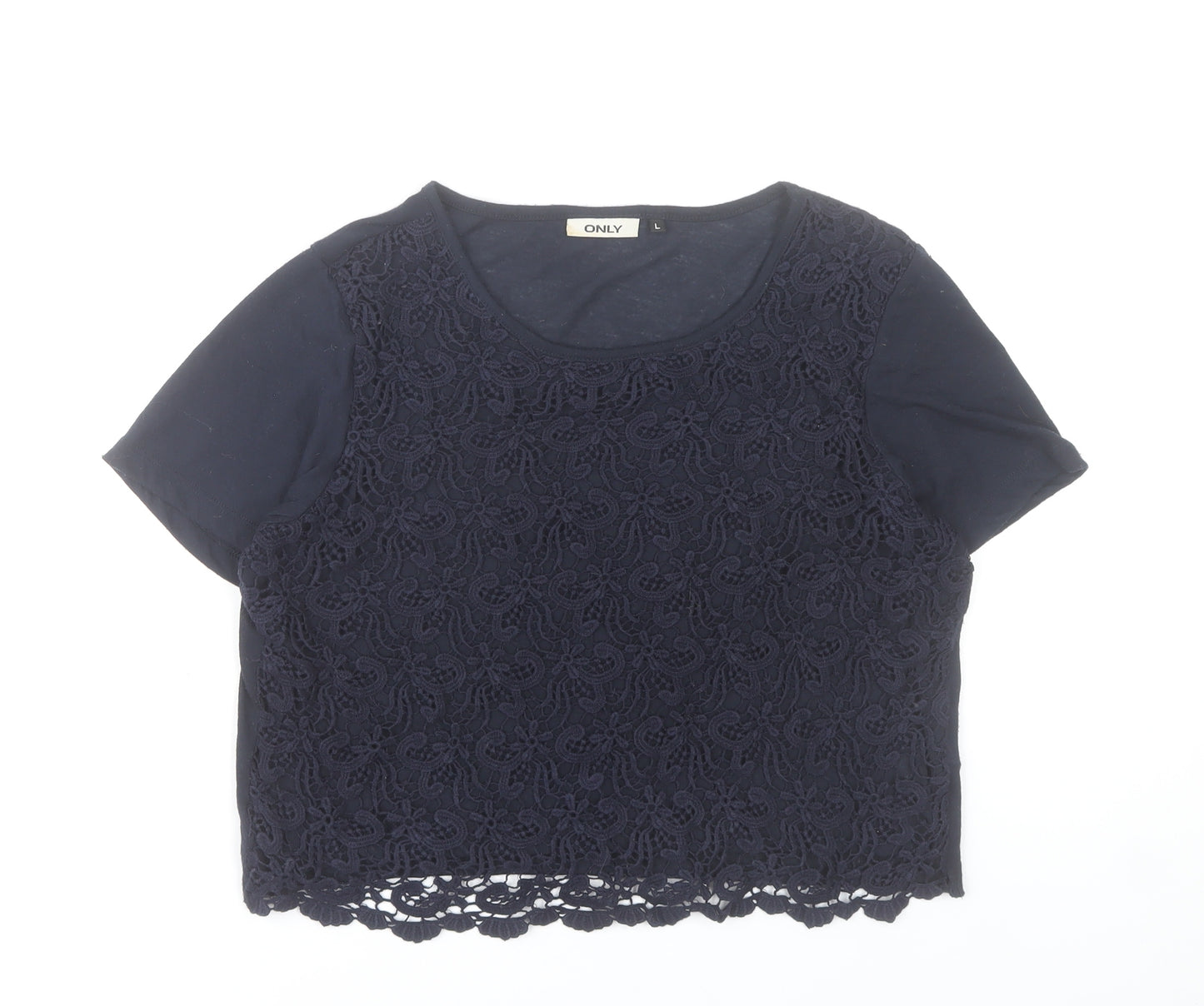 ONLY Women's Blue Lace Cropped Short Sleeve Top Size L