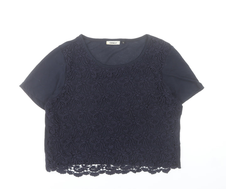 ONLY Women's Blue Lace Cropped Short Sleeve Top Size L
