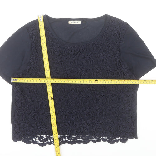ONLY Women's Blue Lace Cropped Short Sleeve Top Size L
