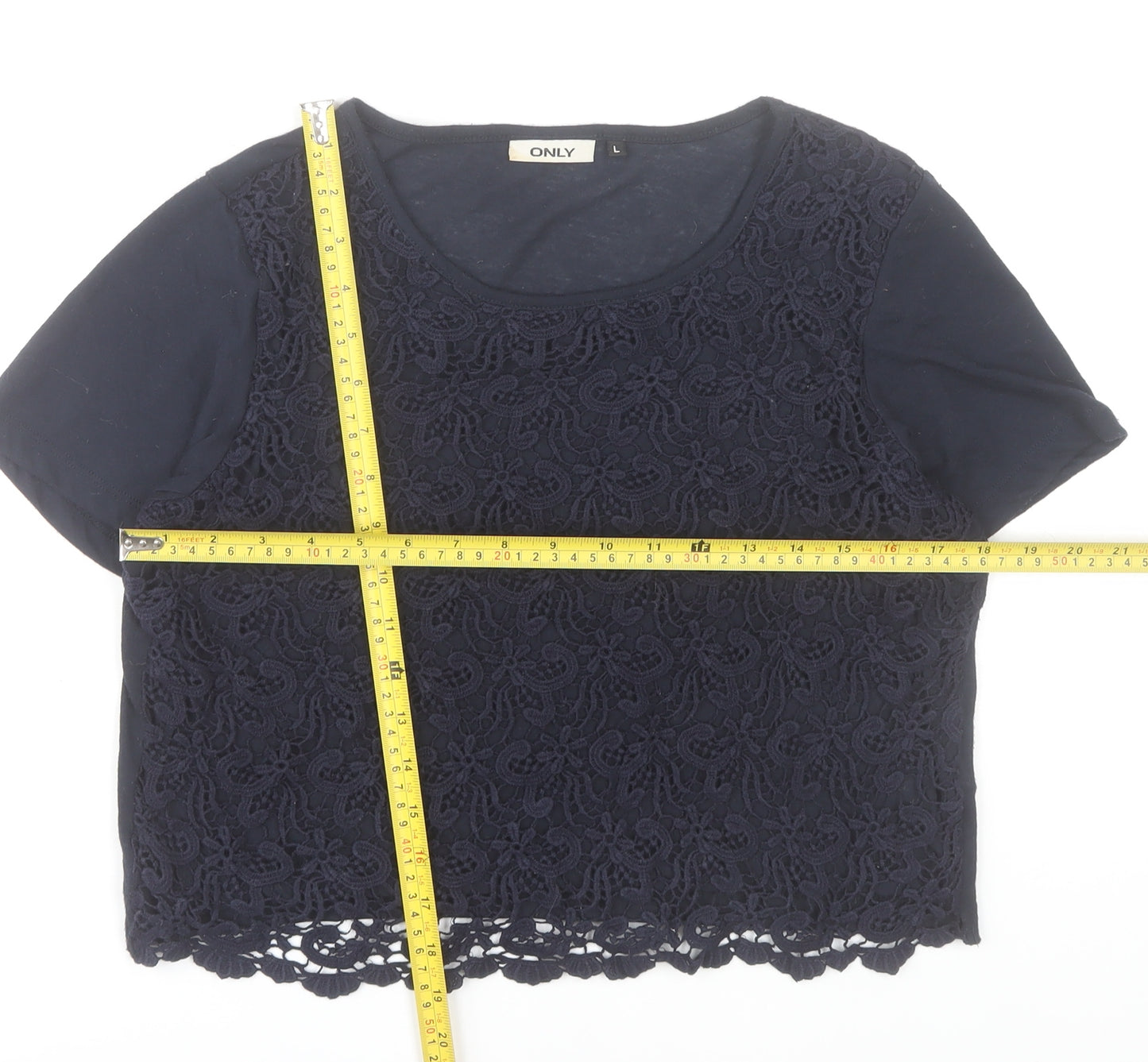 ONLY Women's Blue Lace Cropped Short Sleeve Top Size L