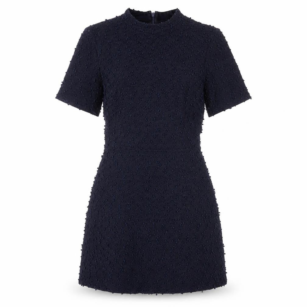 Front view of Warehouse Women’s Black Short Shift Dress, size UK 10, Textured Elegant