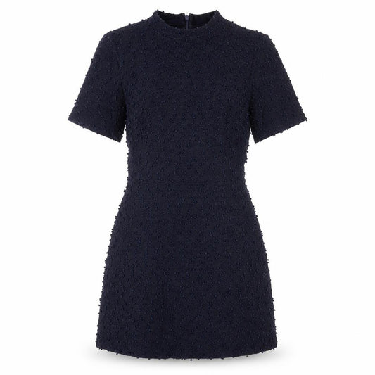Front view of Warehouse Women’s Black Short Shift Dress, size UK 10, Textured Elegant
