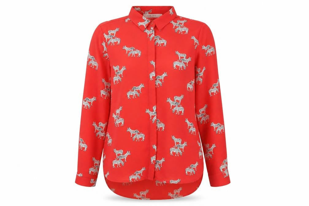 Front view of Costes Women Red Zebra Print Long Sleeve Basic Blouse, size L