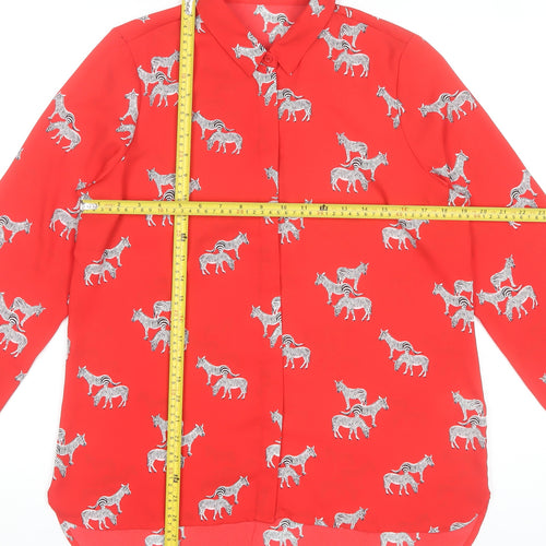 Costes Women Red Zebra Print Long Sleeve Basic Blouse Size L